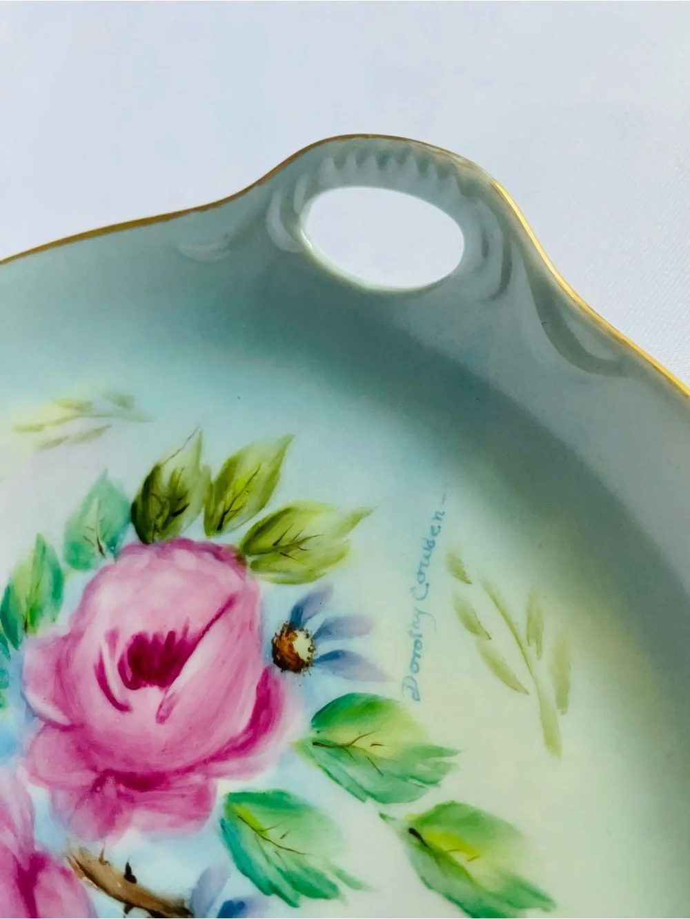 Antique Hand-Painted Porcelain cabinet plate Floral with Gold Trim Signed